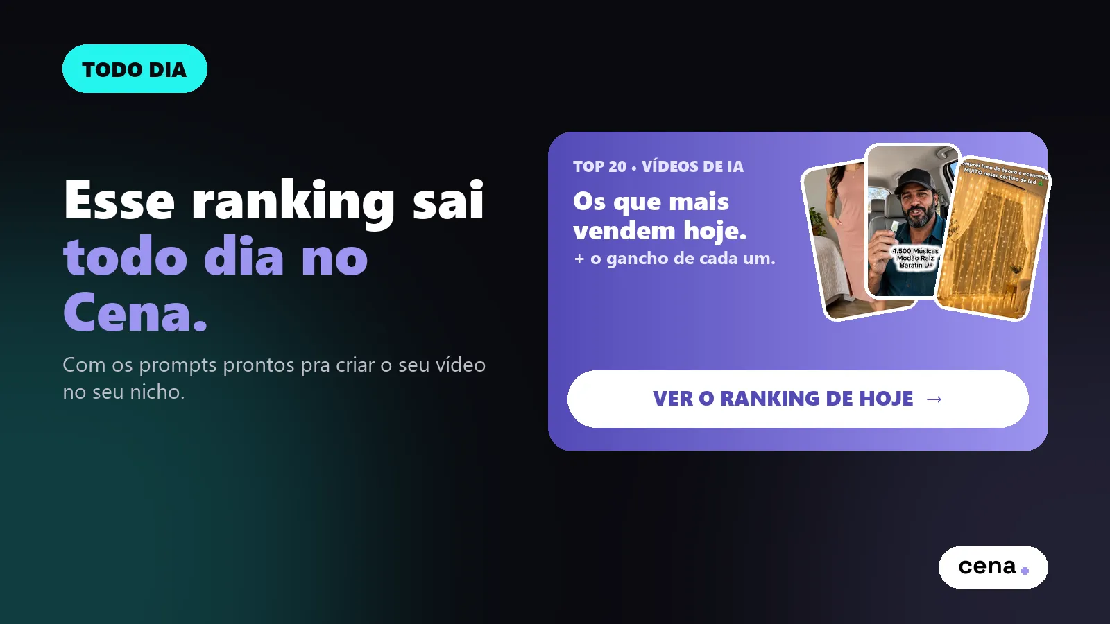 Ranking diário dos vídeos de IA que mais vendem no TikTok Shop — atualizado todo dia no Cena com prompts prontos